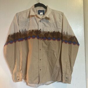 Vintage Men’s Wrangler Horses Cowboys aztec  Western Pearl Snap Shirt - kids XL